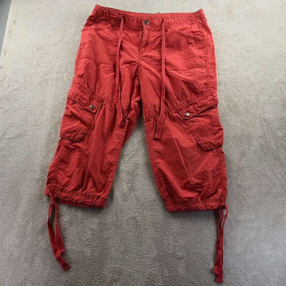 London Jean Womens Cargo Capri Pants 8 Red 100% Cotton Utility Casual Drawstring - Picture 10 of 11